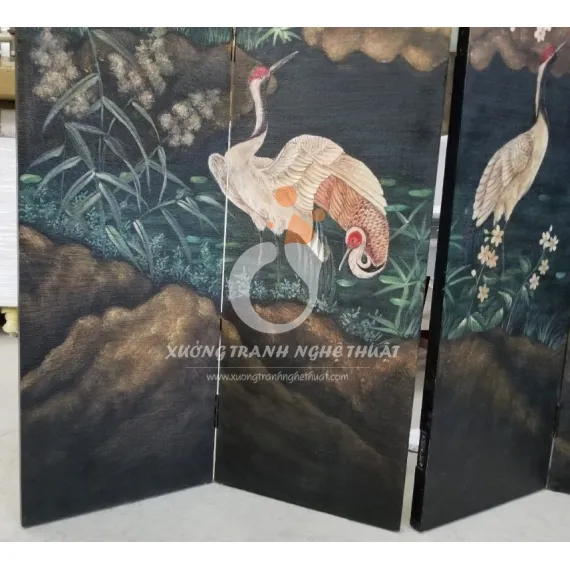 Tranh Bình Phong 06 Tấm Vẽ Bầy Hạc Trên Nền Vải Bố