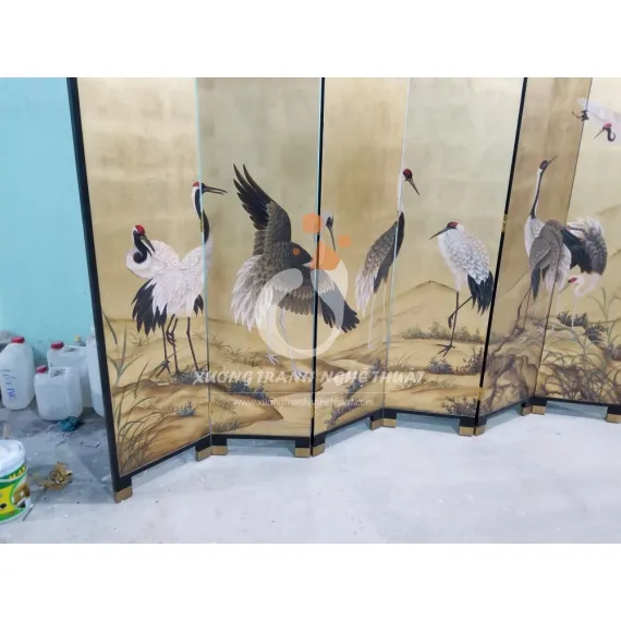 Tranh Bình Phong Vẽ Bầy Hạc Dát Lá Đồng 06 Tấm