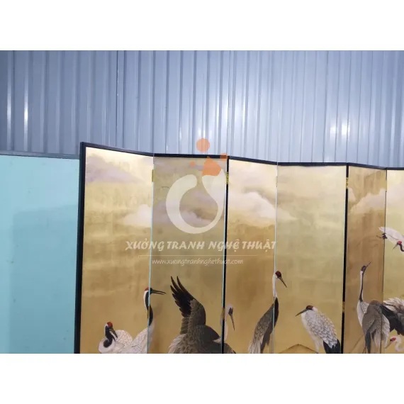 Tranh Bình Phong Vẽ Bầy Hạc Dát Lá Đồng 06 Tấm
