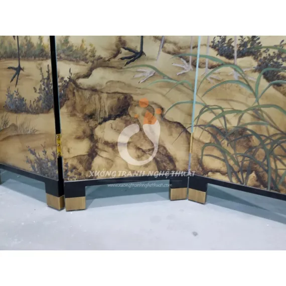 Tranh Bình Phong Vẽ Bầy Hạc Dát Lá Đồng 06 Tấm