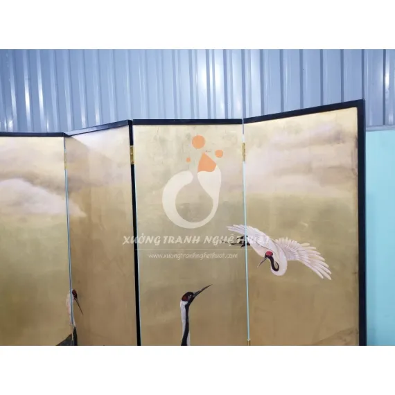 Tranh Bình Phong Vẽ Bầy Hạc Dát Lá Đồng 06 Tấm