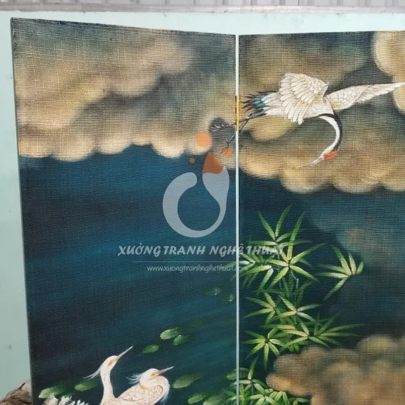 Tranh Bình Phong Vẽ Bầy Hạc Trên Nền Vải Bố Đen 04 Tấm