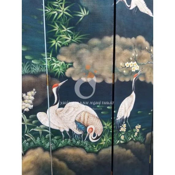 Tranh Bình Phong Vẽ Bầy Hạc Trên Nền Vải Bố Đen 04 Tấm