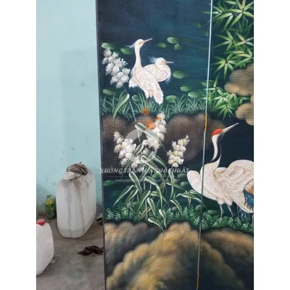 Tranh Bình Phong Vẽ Bầy Hạc Trên Nền Vải Bố Đen 04 Tấm