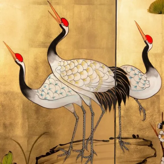 Tranh Bình Phong Vẽ Tùng Hạc Diên Niên Dán Lá Đồng 04 Tấm