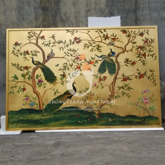 Tranh Chim Công Và Cây Lựu Đỏ Dán Lá Đồng