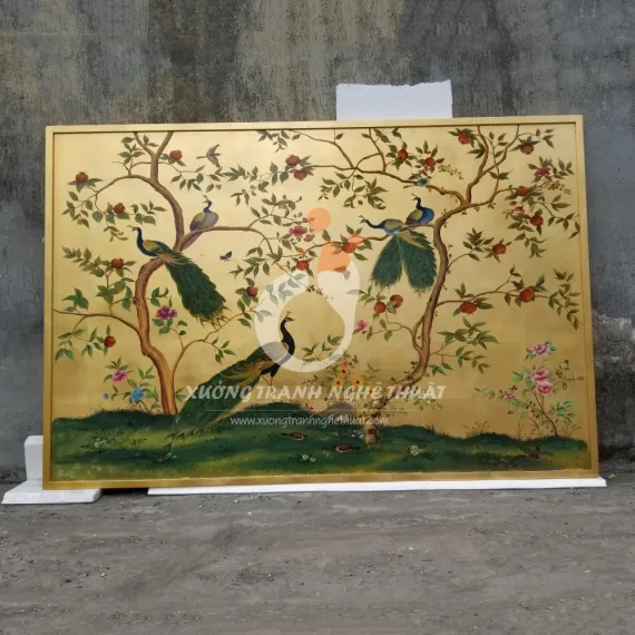 Tranh Chim Công Và Cây Lựu Đỏ Dán Lá Đồng