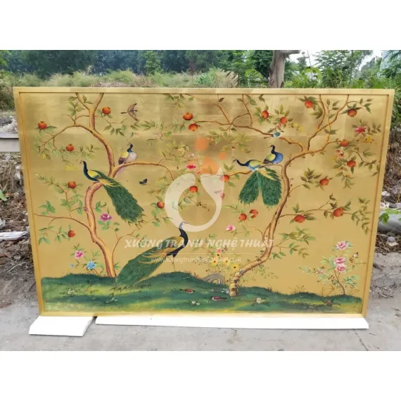 Tranh Chim Công Và Cây Lựu Đỏ Dán Lá Đồng