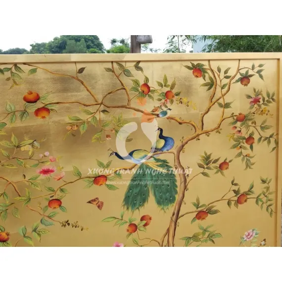 Tranh Chim Công Và Cây Lựu Đỏ Dán Lá Đồng