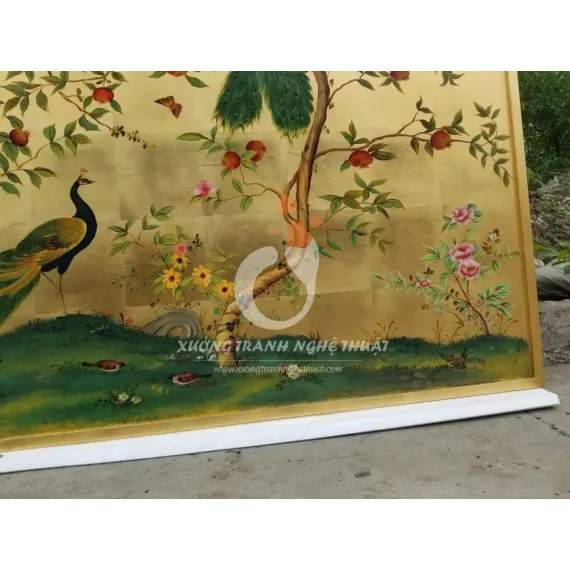 Tranh Chim Công Và Cây Lựu Đỏ Dán Lá Đồng