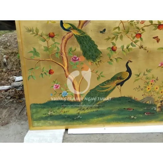 Tranh Chim Công Và Cây Lựu Đỏ Dán Lá Đồng