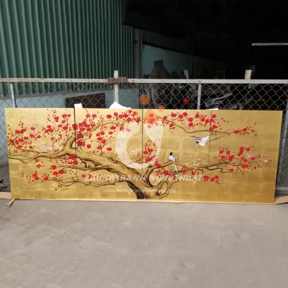 Tranh Hoa Đào 06 Tấm Dát Đồng