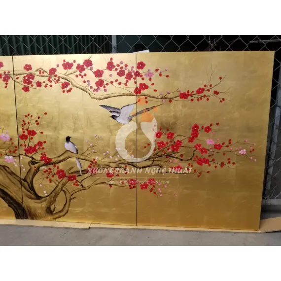 Tranh Hoa Đào 06 Tấm Dát Đồng
