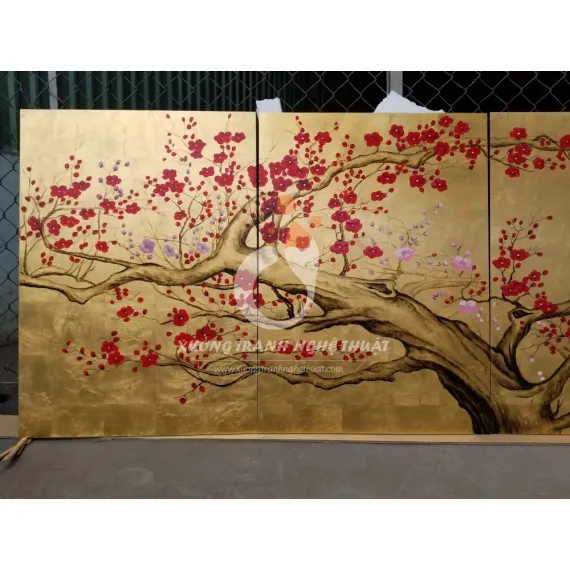 Tranh Hoa Đào 06 Tấm Dát Đồng