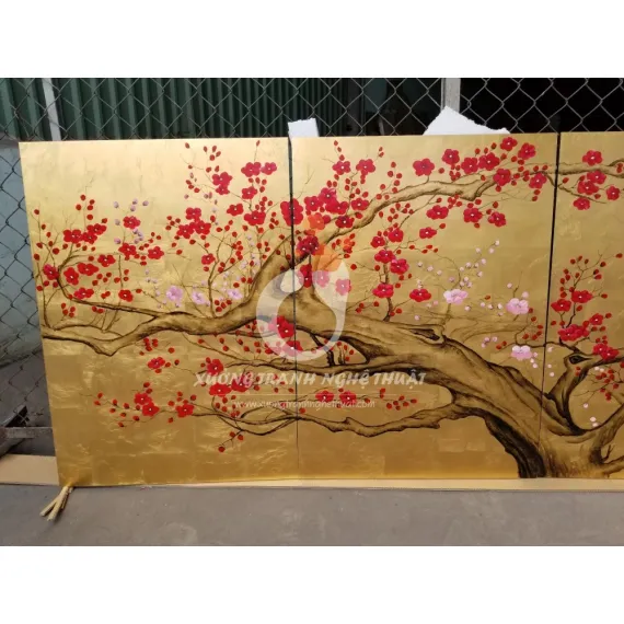 Tranh Hoa Đào 06 Tấm Dát Đồng