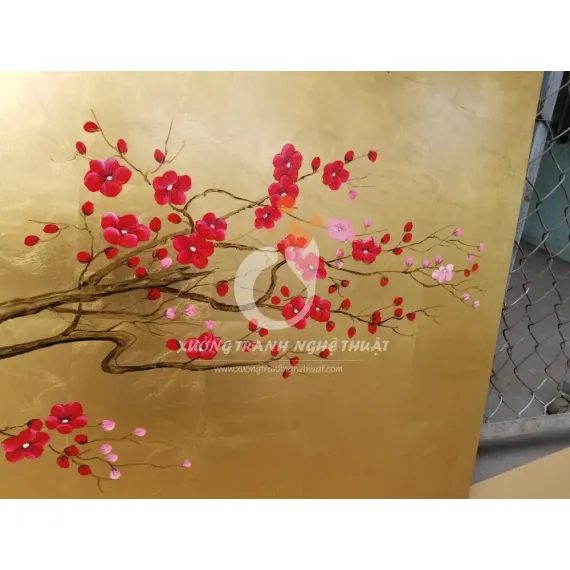 Tranh Hoa Đào 06 Tấm Dát Đồng