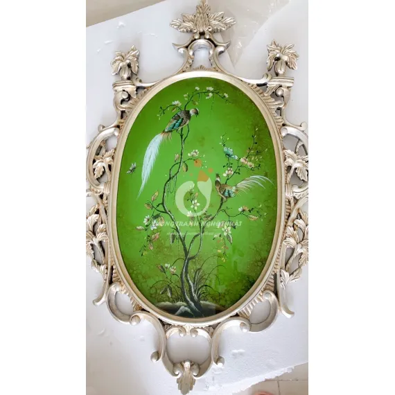 Tranh Kiếng Đôi Chim Trĩ Hình Oval Dát Bạc Nền Xanh