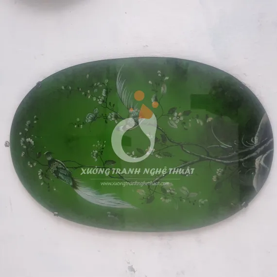Tranh Kiếng Đôi Chim Trĩ Hình Oval Dát Bạc Nền Xanh