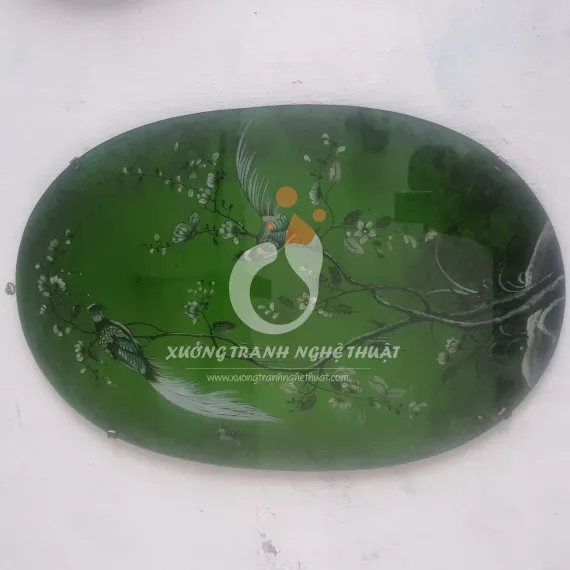 Tranh Kiếng Đôi Chim Trĩ Hình Oval Dát Bạc Nền Xanh