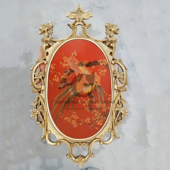 Tranh Kiếng Đôi Chim Trĩ Hình Oval Dát Đồng Tranh Kiếng Đôi Chim Trĩ Hình Oval Dát Đồng