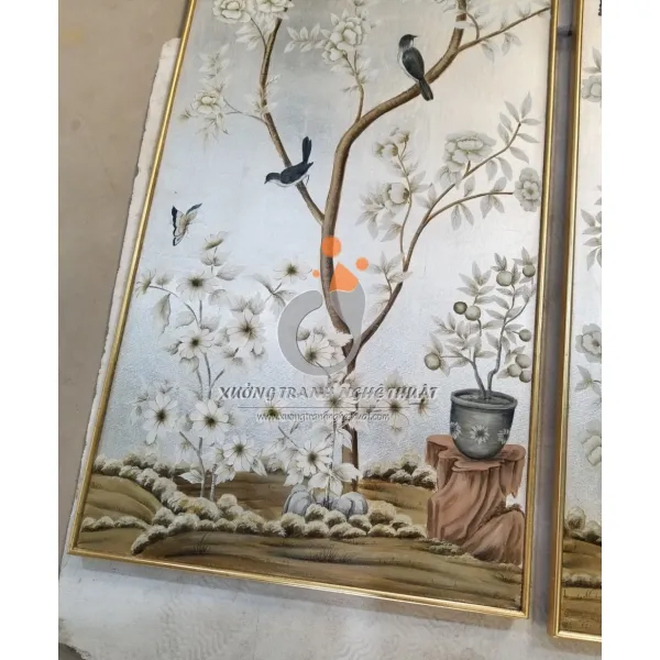 Cặp Tranh Chim Trên Cành Cây Hoa Vẽ Trên Nền Vải Bố Dát Bạc