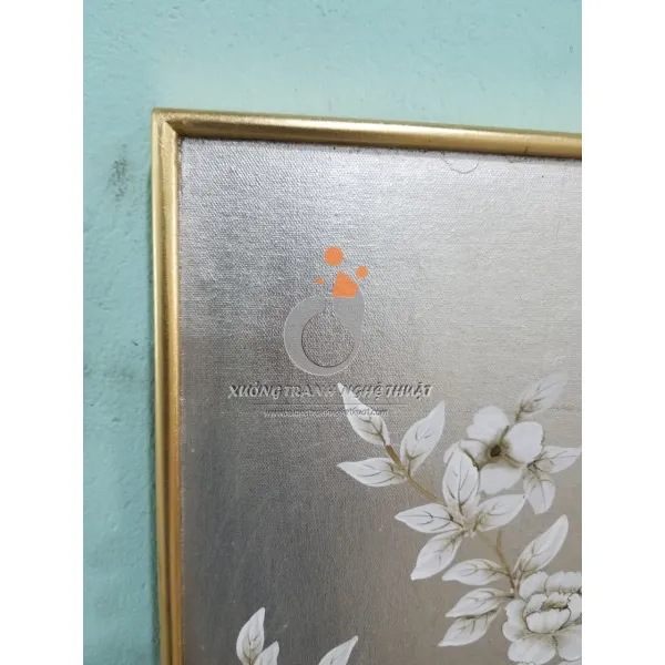 Cặp Tranh Chim Trên Cành Cây Hoa Vẽ Trên Nền Vải Bố Dát Bạc