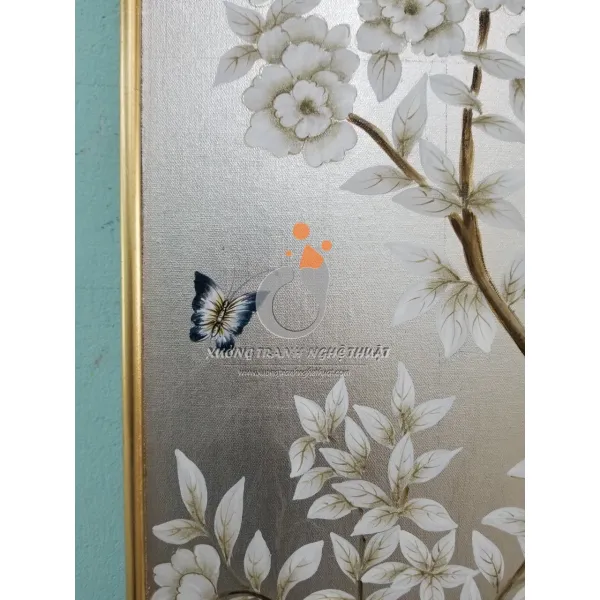 Cặp Tranh Chim Trên Cành Cây Hoa Vẽ Trên Nền Vải Bố Dát Bạc