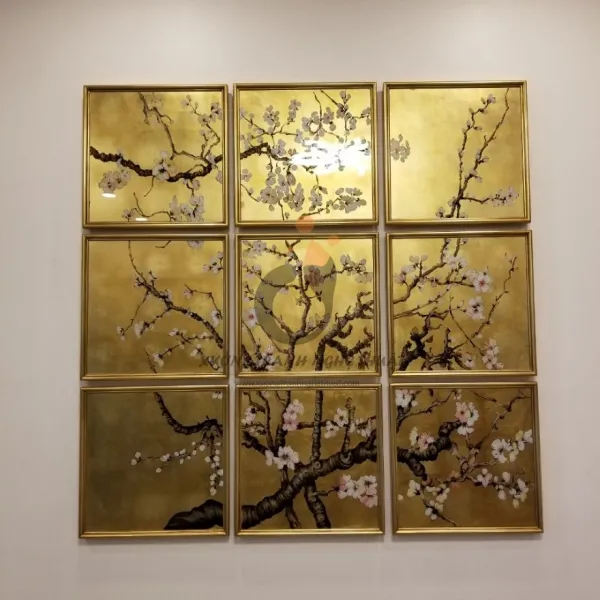 Bộ Tranh Kiếng Hoa Đào 09 Tấm Vẽ Ngược Trên Nền Đồng