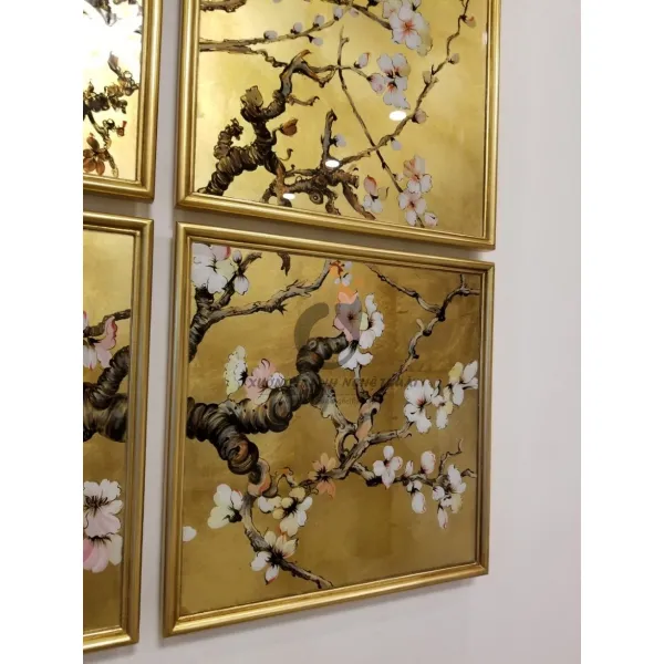 Bộ Tranh Kiếng Hoa Đào 09 Tấm Vẽ Ngược Trên Nền Đồng
