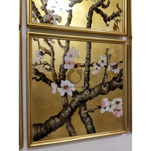 Bộ Tranh Kiếng Hoa Đào 09 Tấm Vẽ Ngược Trên Nền Đồng