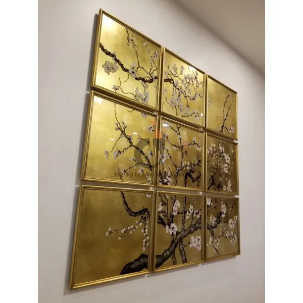 Bộ Tranh Kiếng Hoa Đào 09 Tấm Vẽ Ngược Trên Nền Đồng