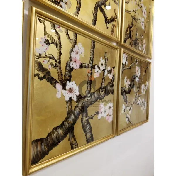 Bộ Tranh Kiếng Hoa Đào 09 Tấm Vẽ Ngược Trên Nền Đồng