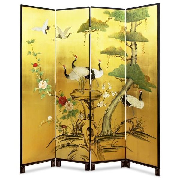 Tranh Bình Phong Vẽ Tùng Hạc Diên Niên Dán Lá Đồng 04 Tấm