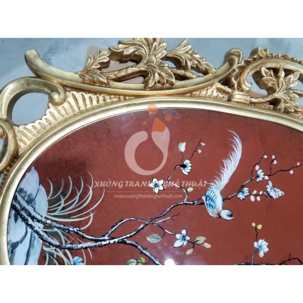 Tranh Kiếng Đôi Chim Trĩ Hình Oval Dát Vàng Nền Đỏ