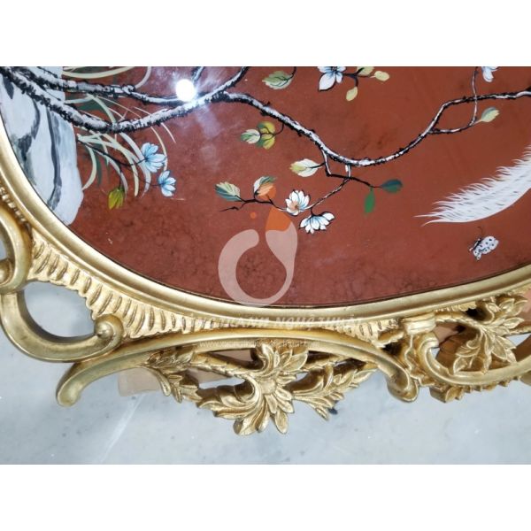 Tranh Kiếng Đôi Chim Trĩ Hình Oval Dát Vàng Nền Đỏ
