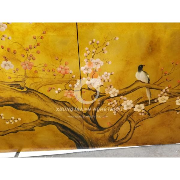 Tranh Sơn Dầu Vẽ Cây Hoa Đào Cổ Thụ Nền Dặm Cổ