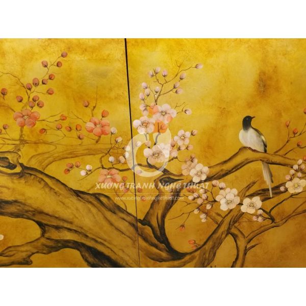 Tranh Sơn Dầu Vẽ Cây Hoa Đào Cổ Thụ Nền Dặm Cổ