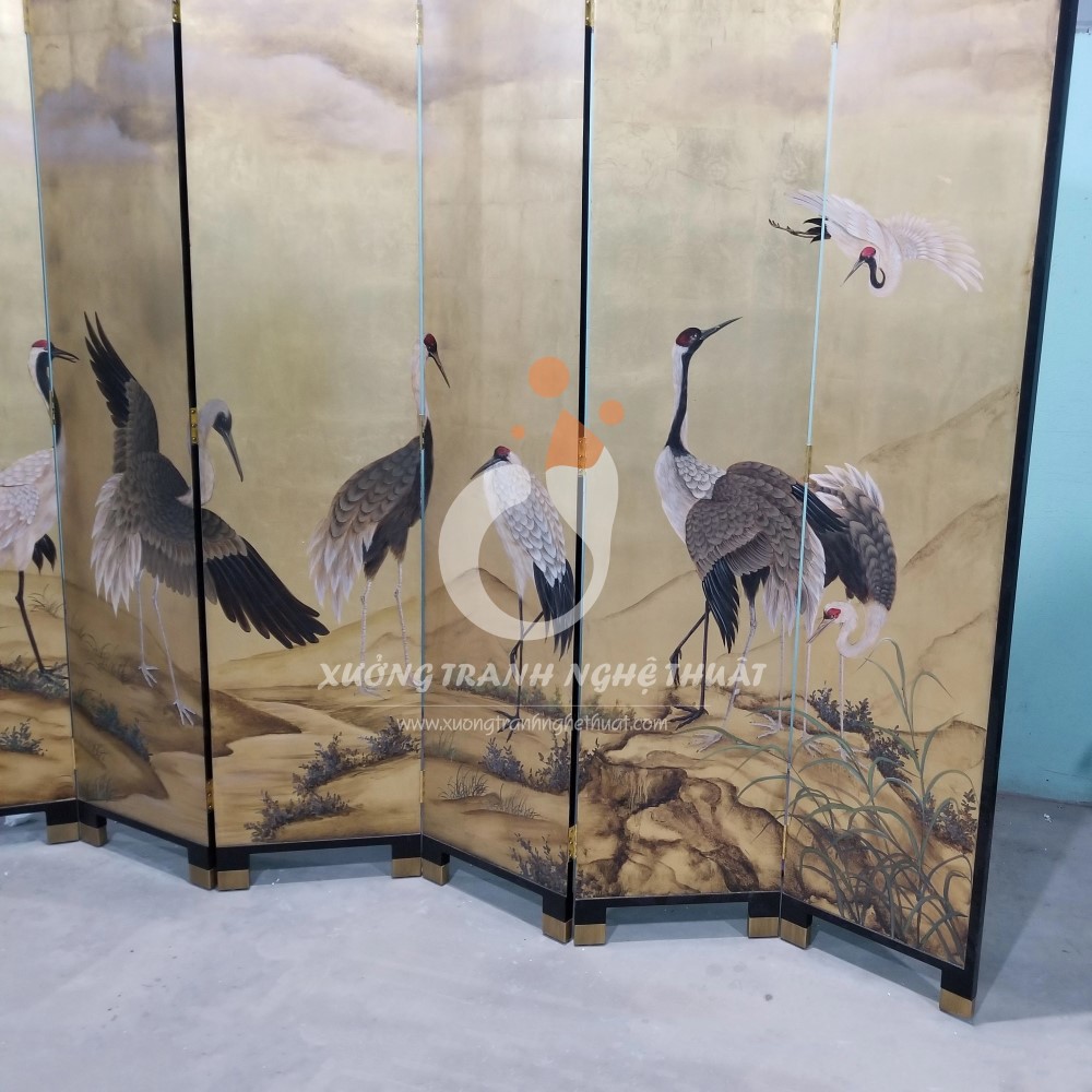 Tranh Bình Phong Vẽ Bầy Hạc Dát Lá Đồng 06 Tấm