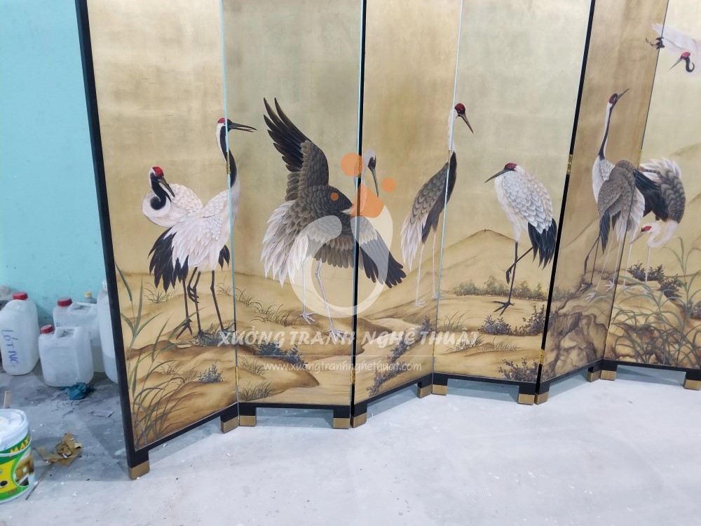 Tranh Bình Phong Vẽ Bầy Hạc Dát Lá Đồng 06 Tấm