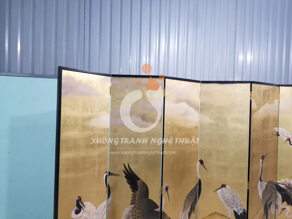 Tranh Bình Phong Vẽ Bầy Hạc Dát Lá Đồng 06 Tấm
