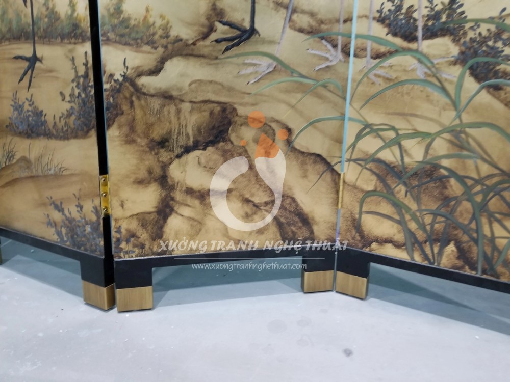 Tranh Bình Phong Vẽ Bầy Hạc Dát Lá Đồng 06 Tấm