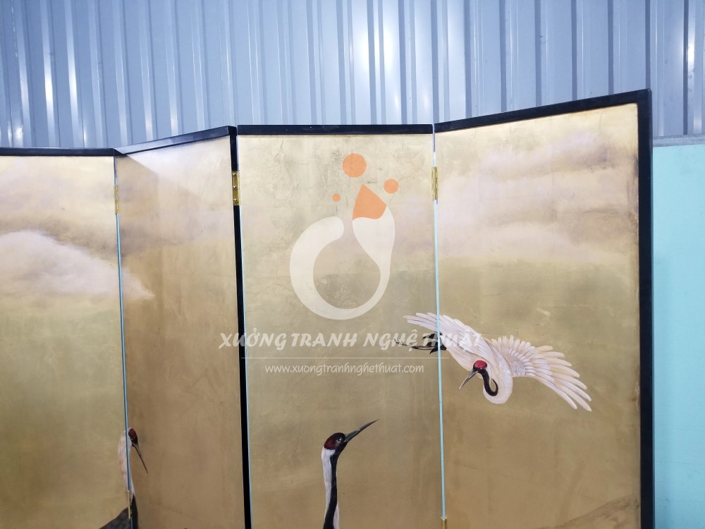 Tranh Bình Phong Vẽ Bầy Hạc Dát Lá Đồng 06 Tấm