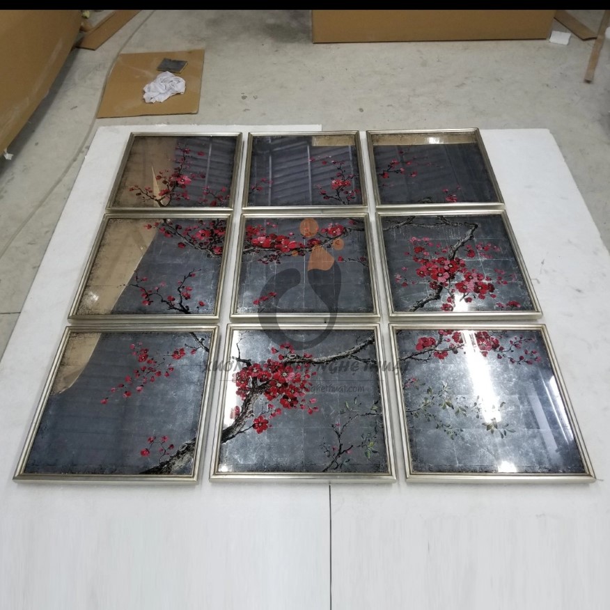 Bộ Tranh Kiếng Hoa Đào 09 Tấm Vẽ Ngược Trên Nền Bạc Dặm Xanh