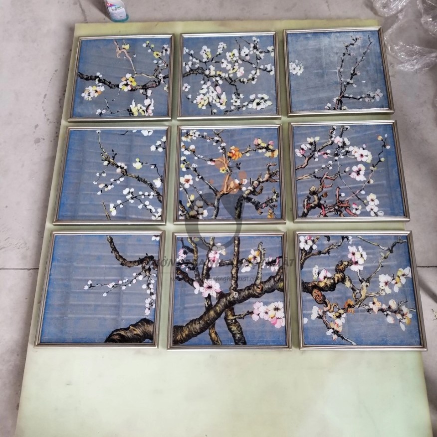 Bộ Tranh Kiếng Hoa Đào 09 Tấm Vẽ Ngược Trên Nền Bạc Dặm Xanh