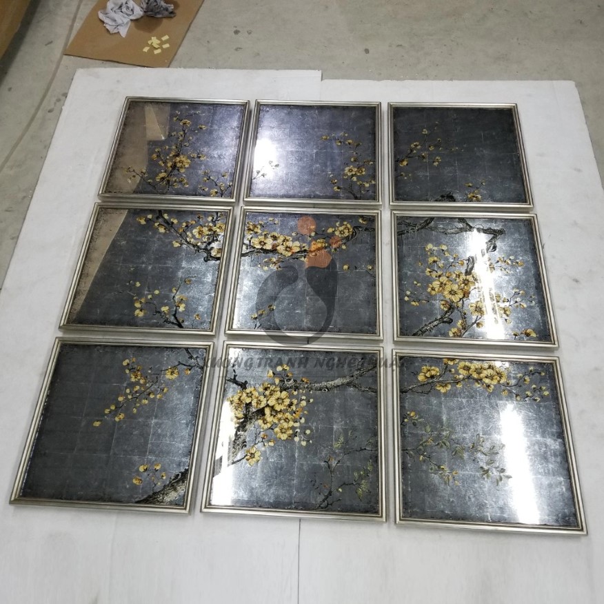 Bộ Tranh Kiếng Hoa Đào 09 Tấm Vẽ Ngược Trên Nền Bạc Dặm Xanh