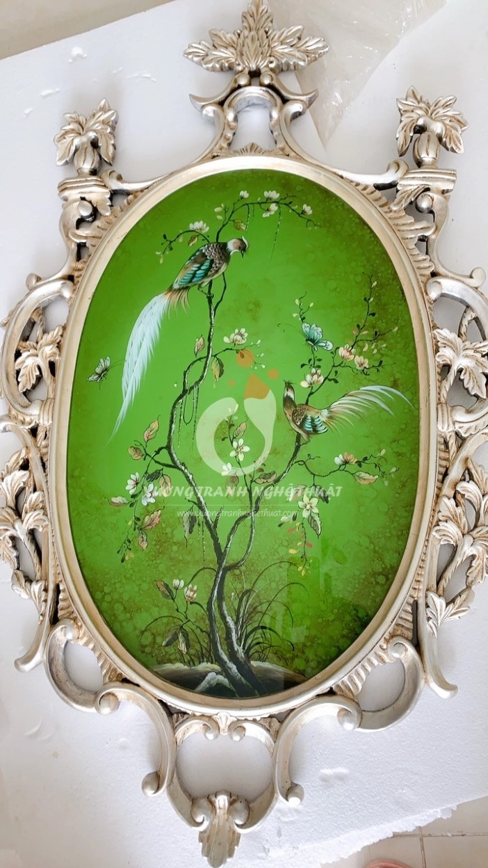 Tranh Kiếng Đôi Chim Trĩ Hình Oval Dát Bạc Nền Xanh