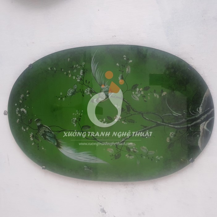 Tranh Kiếng Đôi Chim Trĩ Hình Oval Dát Bạc Nền Xanh