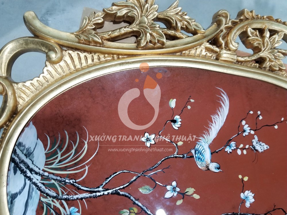 Tranh Kiếng Đôi Chim Trĩ Hình Oval Dát Vàng Nền Đỏ, xưởng tranh nghệ thuật