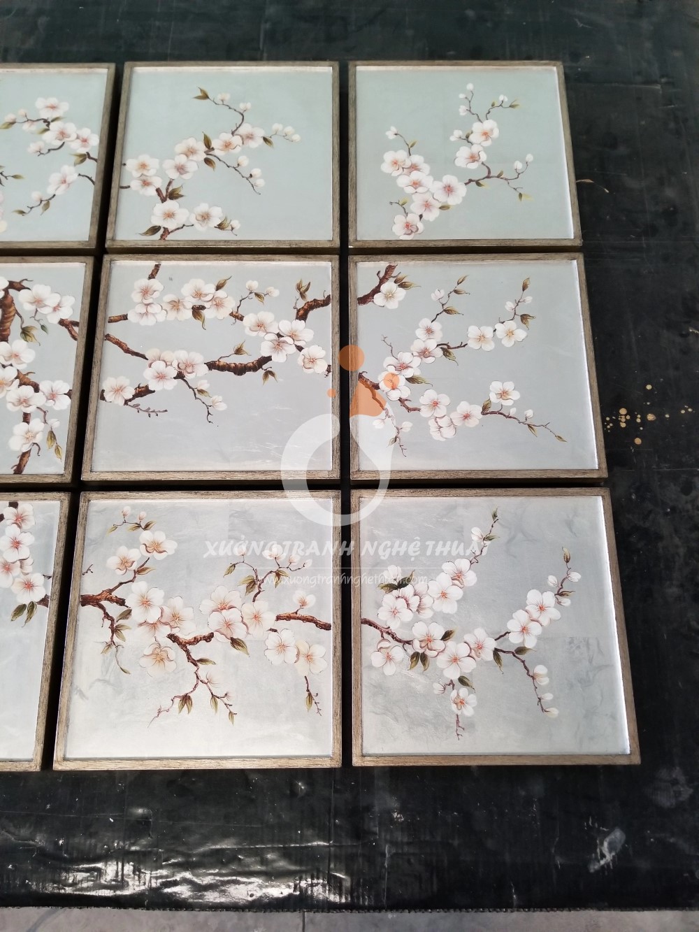 Bộ Tranh Hoa Đào 09 Tấm Vẽ Xuôi Trên nền Lá Bạc