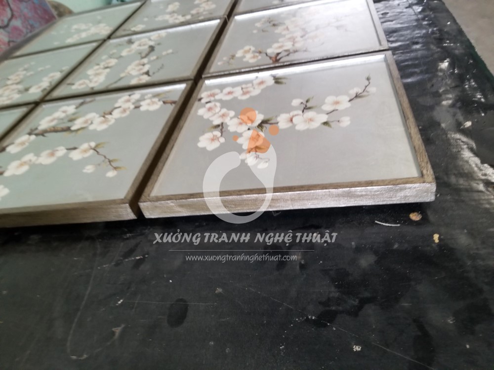 Bộ Tranh Hoa Đào 09 Tấm Vẽ Xuôi Trên nền Lá Bạc